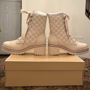 Size 6M Michael Kors Nappa/Patent Leather Tilda Combat Boots (Lt. Cream)